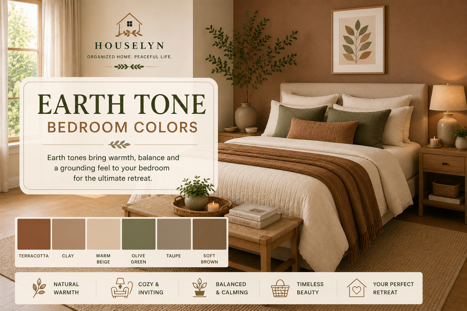 Earth tone bedroom color ideas with terracotta accents and warm neutral bedding