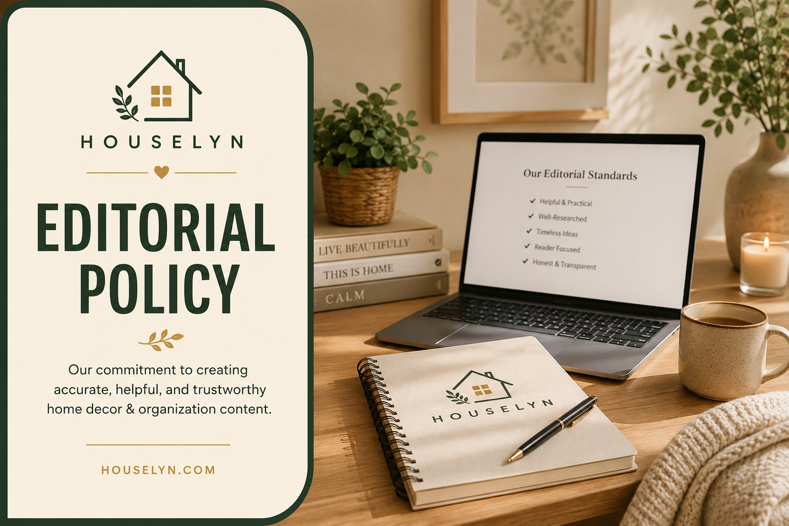 Editorial Policy page featuring a warm home office workspace with Houselyn branding, editorial standards, and professional home decor styling. editorial-policy.jpg