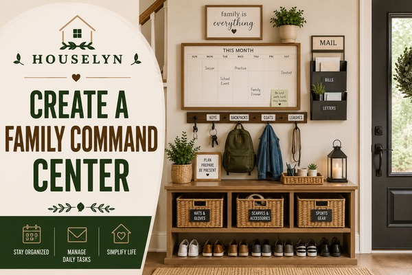 Entryway organization ideas featuring a family command center, mail station, baskets, and organized storage. entryway-command-center.jpg