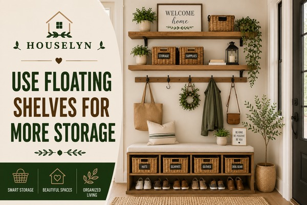 Entryway organization ideas featuring floating shelves, baskets, wall hooks, and organized storage. entryway-floating-shelves.jpg