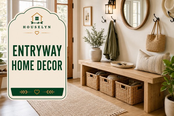 Bright entryway with wooden bench, wall hooks, woven baskets, round mirror, indoor plant, neutral styling, and timeless entryway home decor. entryway-home-decor.jpg