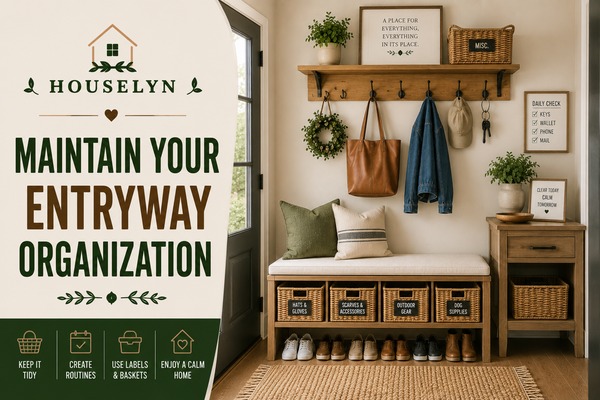 Entryway organization ideas featuring organized storage zones, baskets, shoe storage, and maintenance systems. entryway-maintenance-system.jpg