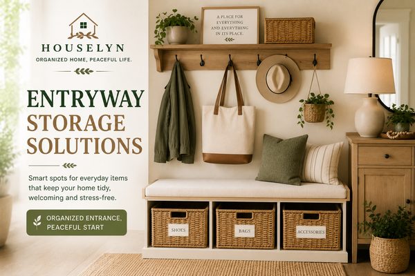 Entryway home organization ideas with hooks, baskets, shoe storage, and a storage bench