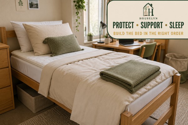 Practical college dorm bed with a mattress protector, fitted sheet, pillow and lightweight bedding.