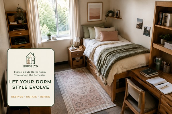 Evolved college dorm with coordinated bedding, a clear study desk, a small personal display and one seasonal textile.