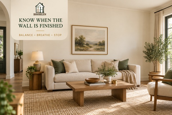 Warm neutral living room with restrained framed wall art, balanced furniture and generous intentional negative space