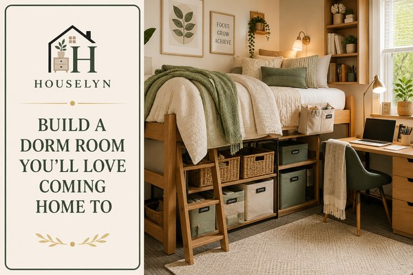 Beautiful finished dorm room with layered bedding, organised storage and warm lighting