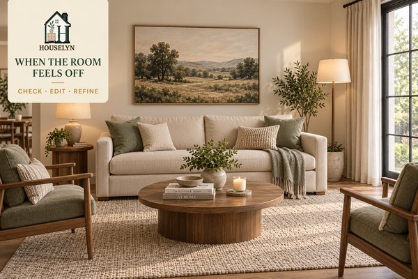 Balanced living room after correcting rug scale, curtains, lighting, wall art and furniture relationships