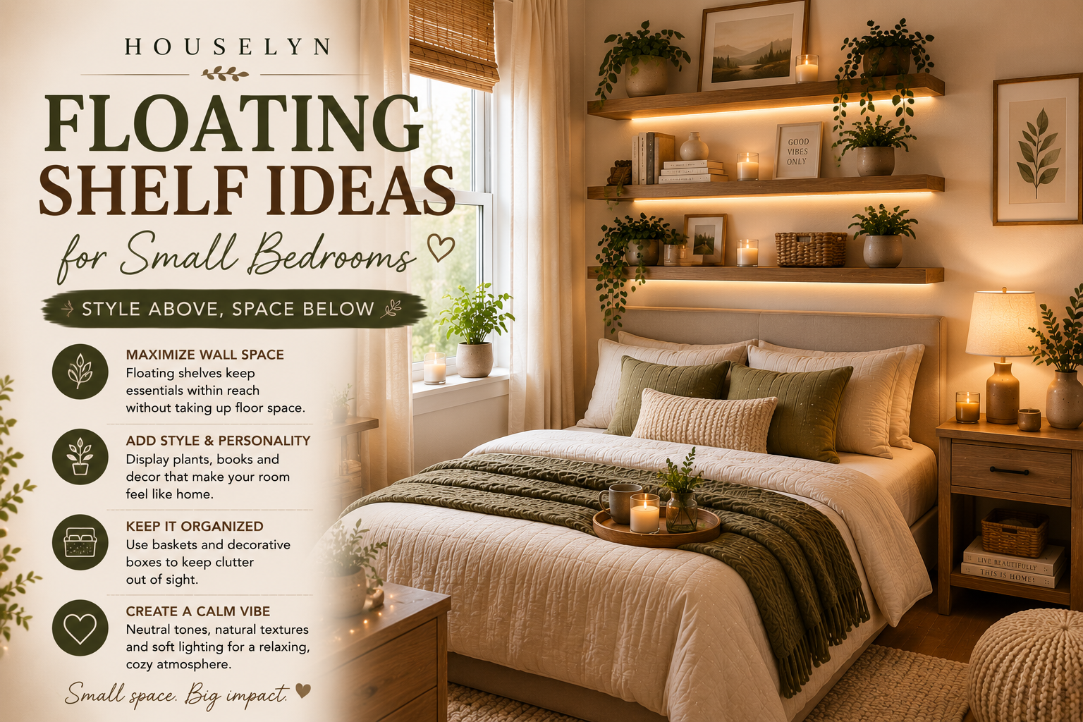 Floating shelves in a small bedroom with books, plants and neutral decor
