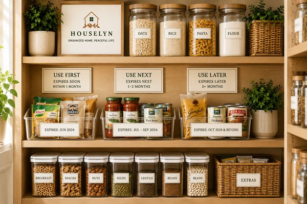 Organized pantry shelves with food arranged by expiry date and labeled storage containers. food-expiry-date-organization.jpg