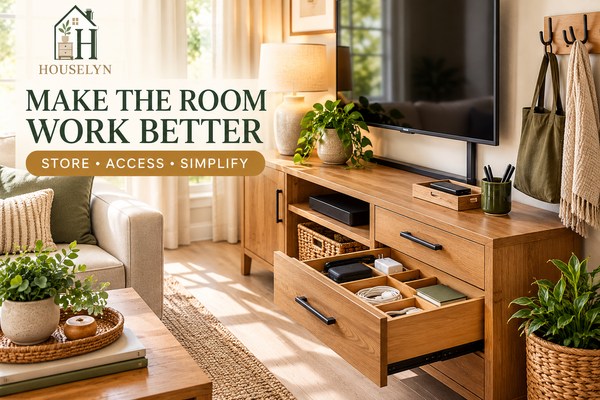 Warm neutral room improved with low cost functional upgrades including cable control, drawer organization and practical storage