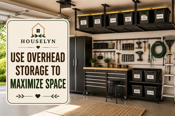 Garage organization ideas featuring overhead storage racks, labeled bins, and organized garage storage. garage-overhead-storage.jpg