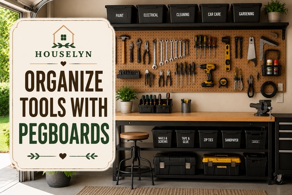 Garage organization ideas featuring pegboard tool storage, organized tools, and heavy-duty shelving. garage-pegboard-tool-storage.jpg