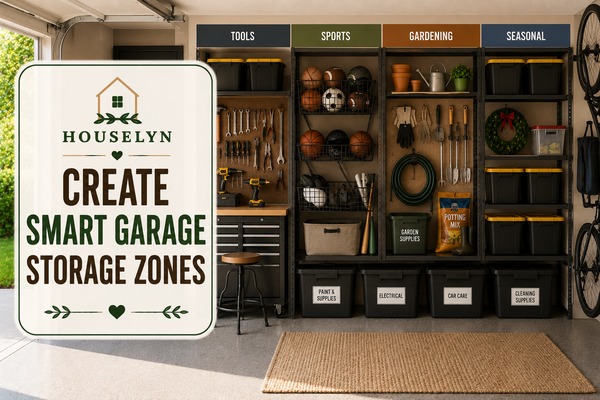 Garage organization ideas featuring storage zones, shelving systems, organized tools, and labeled bins. garage-storage-zones.jpg