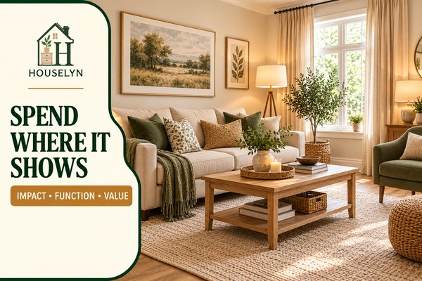 Stylish warm neutral living room showing high-impact budget decorating priorities including lighting, rug, curtains and wall art