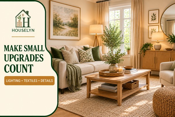 Warm neutral living room featuring affordable upgrades including cushion covers, updated lampshade, cabinet handles and improved lighting