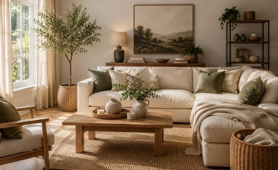Elegant living room featuring timeless home decor and warm neutral styling
