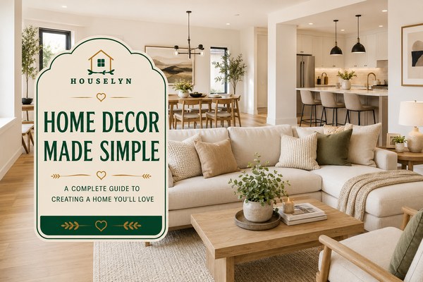 Super modern open-plan home with fresh neutral paint, living room, dining area, kitchen, layered textiles, natural wood furniture, greenery, and Houselyn Home Decor Made Simple overlay. home-decor-made-simple-hero.jpg
