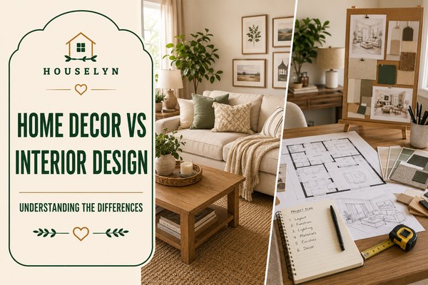 Split-scene comparison showing a styled living room with decorative accessories beside a room layout featuring furniture planning, lighting, and design concepts. home-decor-vs-interior-design.jpg