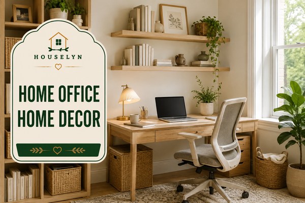 Bright home office with natural wood desk, ergonomic chair, shelving, indoor plants, warm lighting, and timeless home office home decor.  home-office-home-decor.jpg