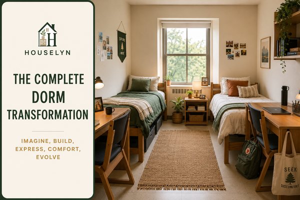 Completed shared college dorm transformation with a calm colour foundation, distinct personal styles, meaningful decor and clear functional surfaces.