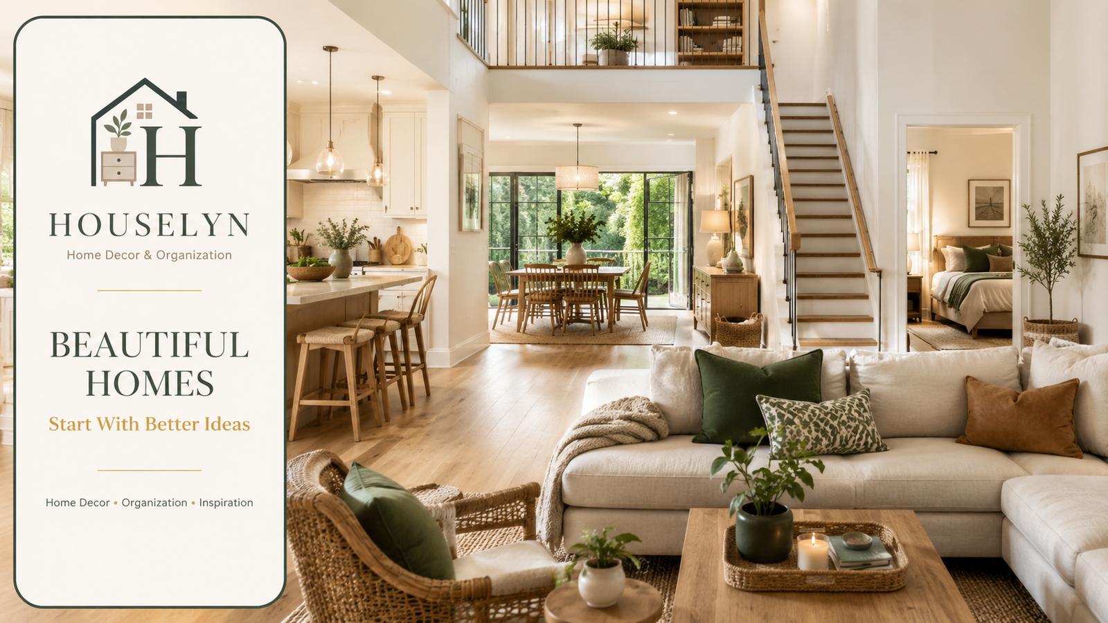 Elegant modern home featuring a beautiful living room, organised kitchen, cosy bedroom, welcoming entryway, and stylish home office showcasing Houselyn home decor and organization inspiration. houselyn-home-decor-organization-homepage-hero.jpg