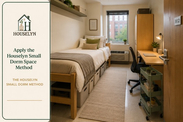 Completed small dorm room with measured furniture, clear pathways, layered space, multifunctional pieces and a visually calm layout.