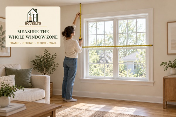 Living room window being measured for curtain rod height, width and finished curtain length