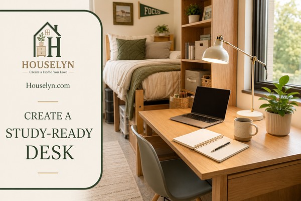 Organized college dorm study desk with a laptop, notebook, warm desk lamp and clutter-free workspace.