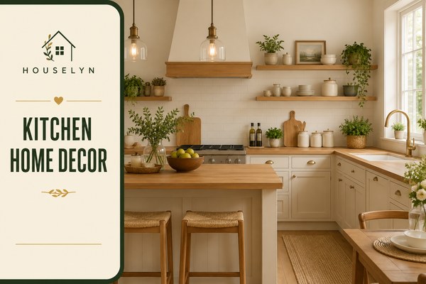Bright kitchen with natural wood cabinets, open shelving, greenery, pendant lighting, decorative accessories, and timeless kitchen home decor. kitchen-home-decor.jpg