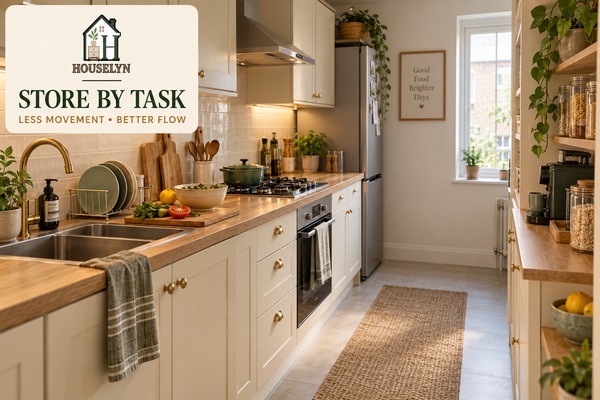 Compact apartment kitchen organized into preparation, cooking, washing and food storage zones