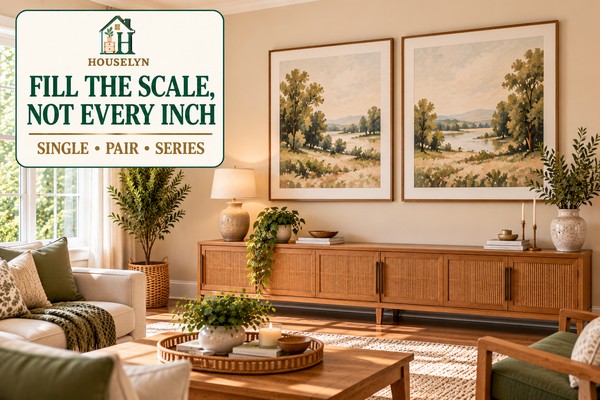 Large warm neutral living room wall decorated with a balanced pair of affordable framed artworks above a natural wood console