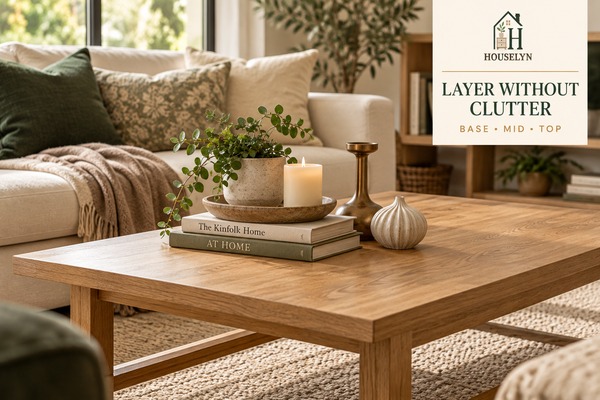 Layered coffee table arrangement with books, candle and small decorative object grouped neatly with open surface space