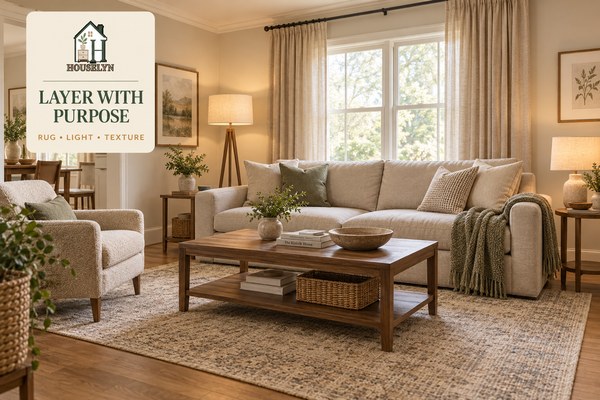 Layered living room decor with generous rug, full-length curtains, floor lamp, cushions and warm neutral textures