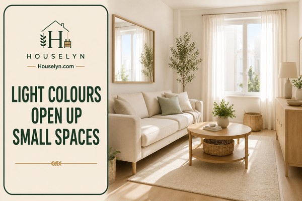 Bright compact living room with warm neutral colours, natural daylight, mirrors and layered textures creating an open and spacious feeling.