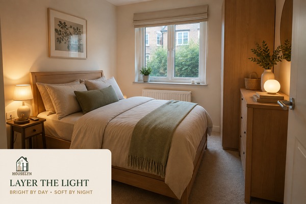Small apartment bedroom with natural daylight, compact bedside lighting and warm evening illumination