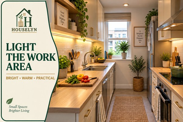 Small apartment kitchen with natural daylight, under-cabinet task lighting and warm evening illumination