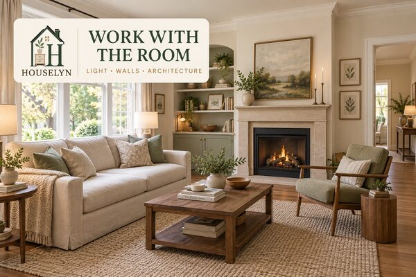 Living room design working with windows, fireplace, alcoves, natural light and existing architecture