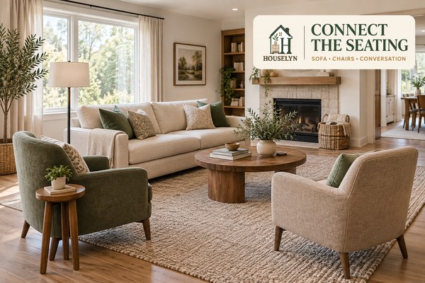 Living room conversation layout with sofa, two chairs, coffee table and clear circulation