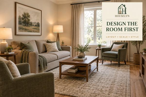 Warm neutral living room decor with balanced furniture scale, large rug, layered lighting, full-length curtains and styled coffee table