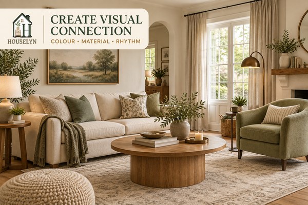 Cohesive living room using repeated colours, wood tones, shapes and materials without matching furniture
