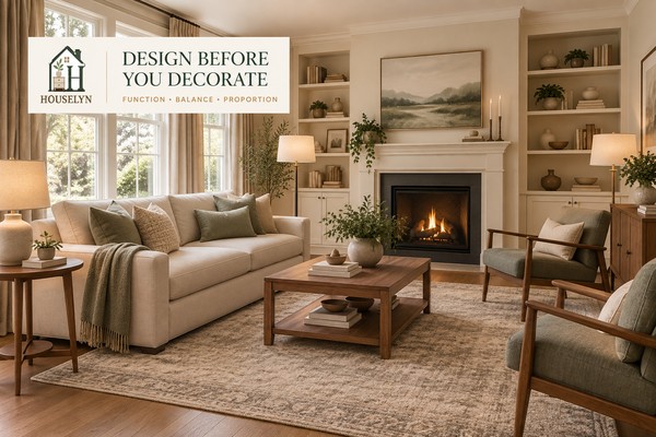 Balanced living room design with clear focal point, proportionate furniture, natural materials and layered lighting