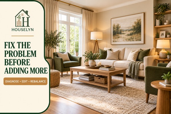 Balanced warm neutral living room after correcting common problems with rug size, furniture placement, artwork, curtains, lighting and clutter