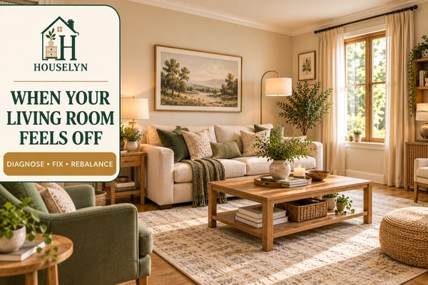 Balanced warm neutral living room showing coordinated sofa, rug, wall art, curtains, lighting and furniture placement