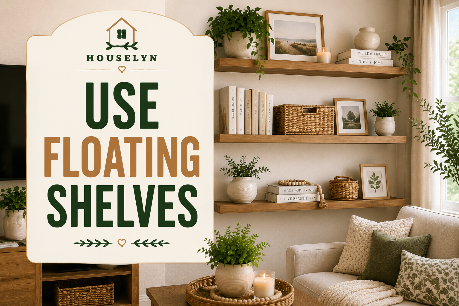 Living room organization ideas featuring floating shelves, decorative storage, books, and organized living room décor. living-room-floating-shelves-organization.jpg