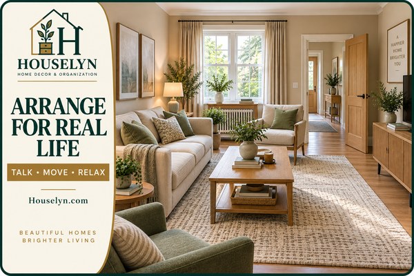 Balanced living room furniture arrangement with clear circulation, connected seating and accessible coffee table