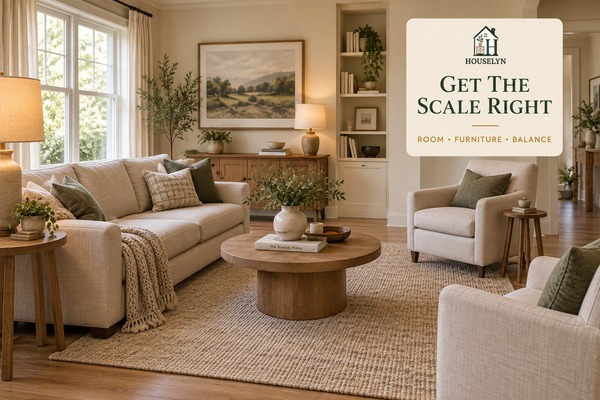 Balanced living room decor with correctly scaled sofa, rug, coffee table, chairs and lighting