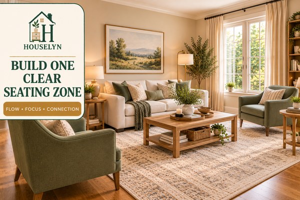 Warm neutral living room with connected sofa, chairs, rug and coffee table forming a clear seating zone