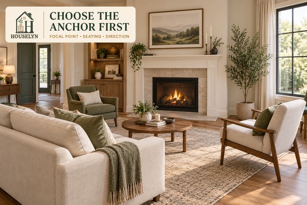 Living room layout arranged around a clear focal point with connected sofa and chairs