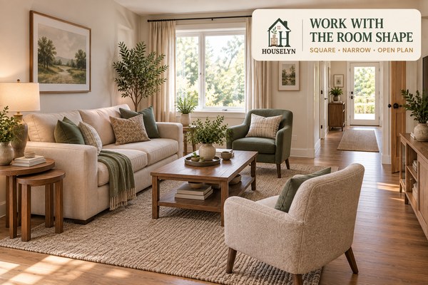 Different living room layout approaches for square, narrow and open-plan spaces